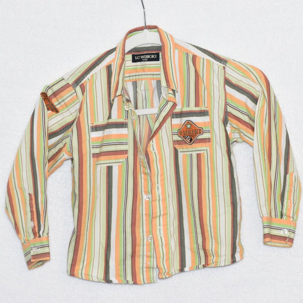 Orange green striped toddler button shirt